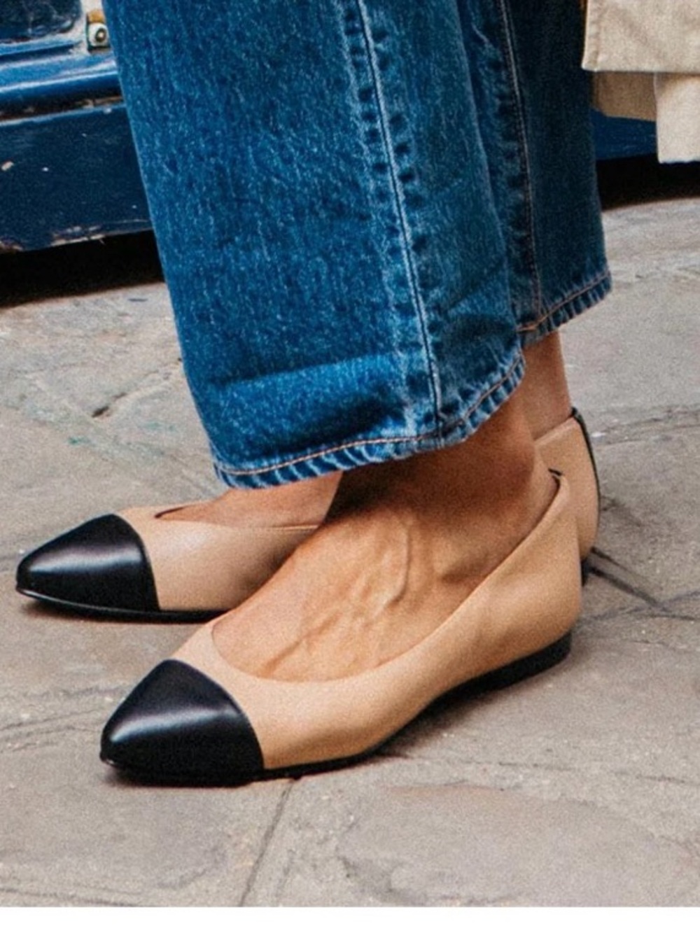 Margaux Leather Beige Flats with Black Cap Toe